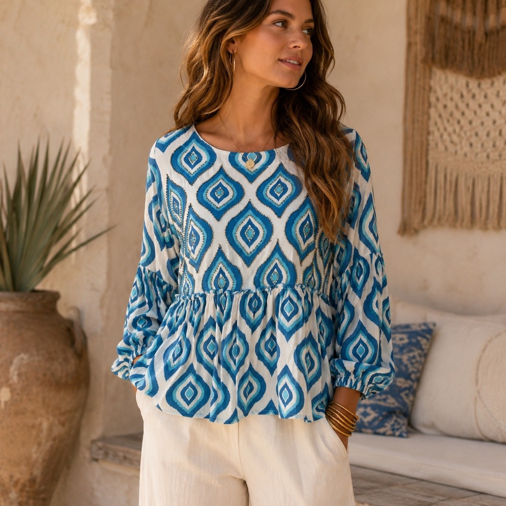 Skemo Blue White‎ Ikat Diamond Beaded Babydoll Blouse Small